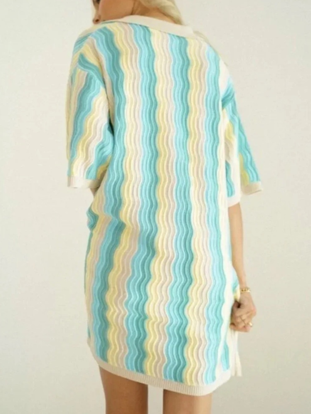 yllw the label Felix Knit Dress Blue Yellow Wave Stripe Button Collared Retro - Picture 3 of 15